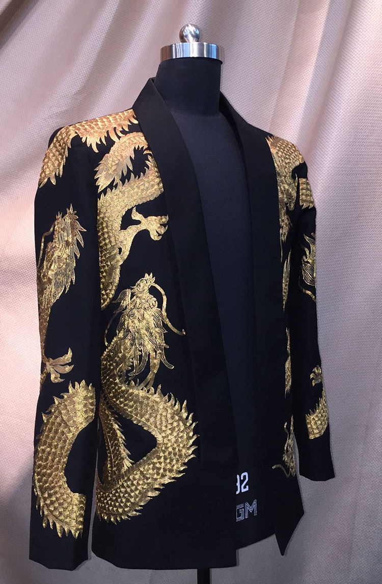  Black mens suit with dragon gold embroidery