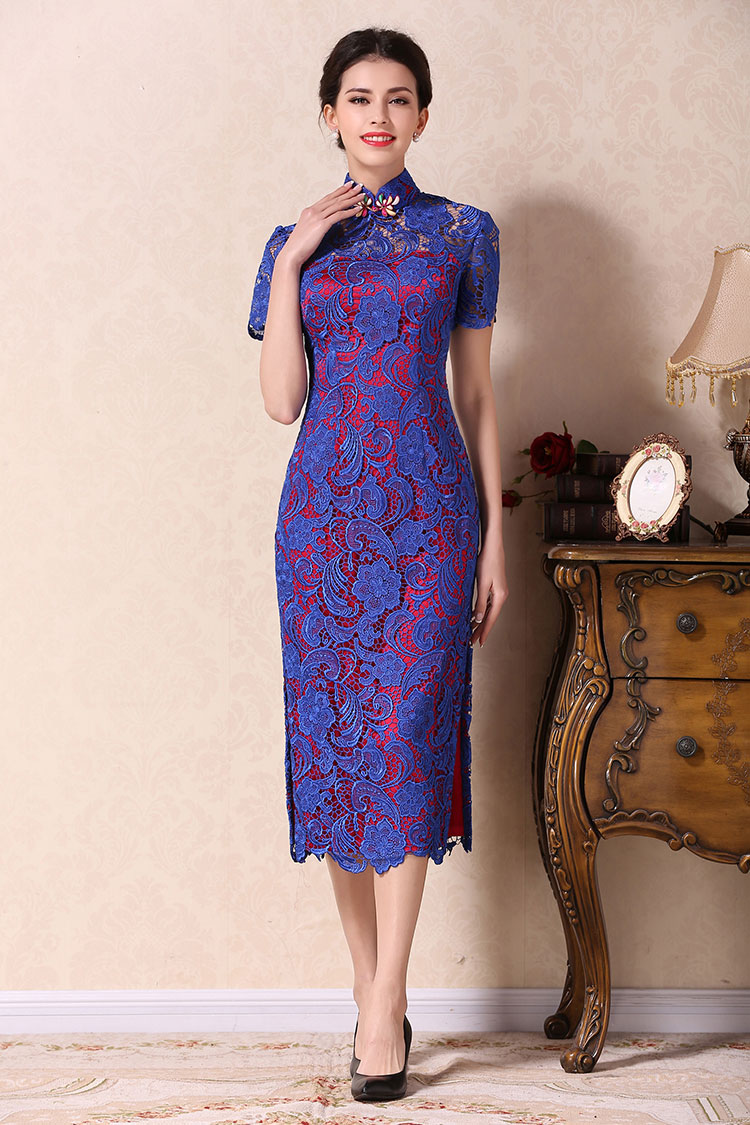 Blue lace dress with wine red lining