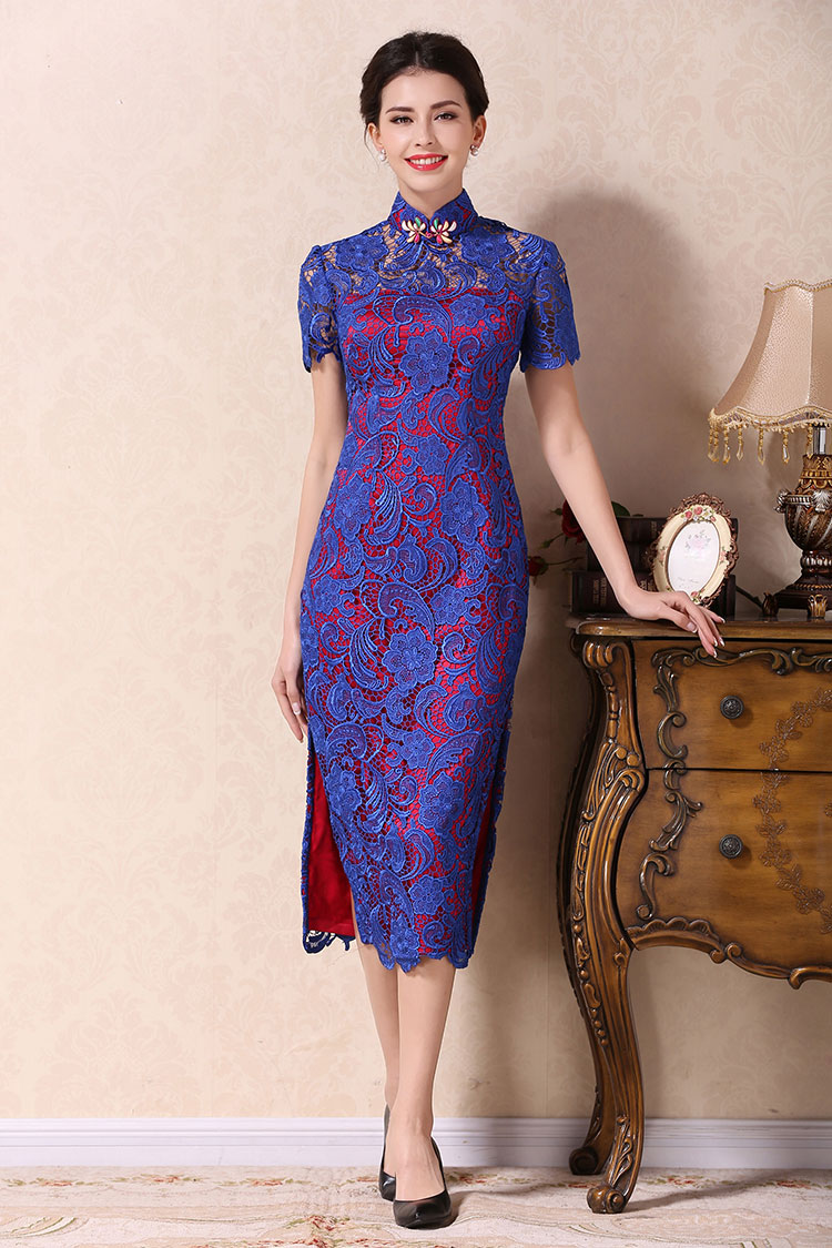 Blue lace dress with wine red lining