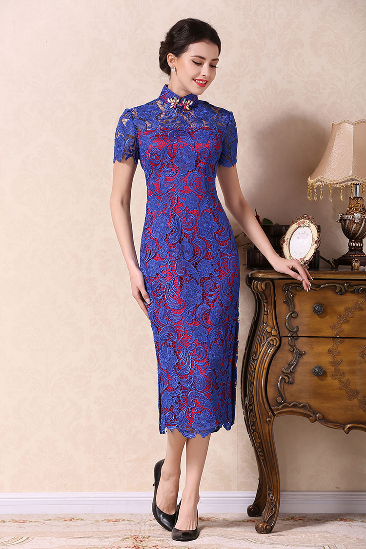 Blue lace dress with wine red lining