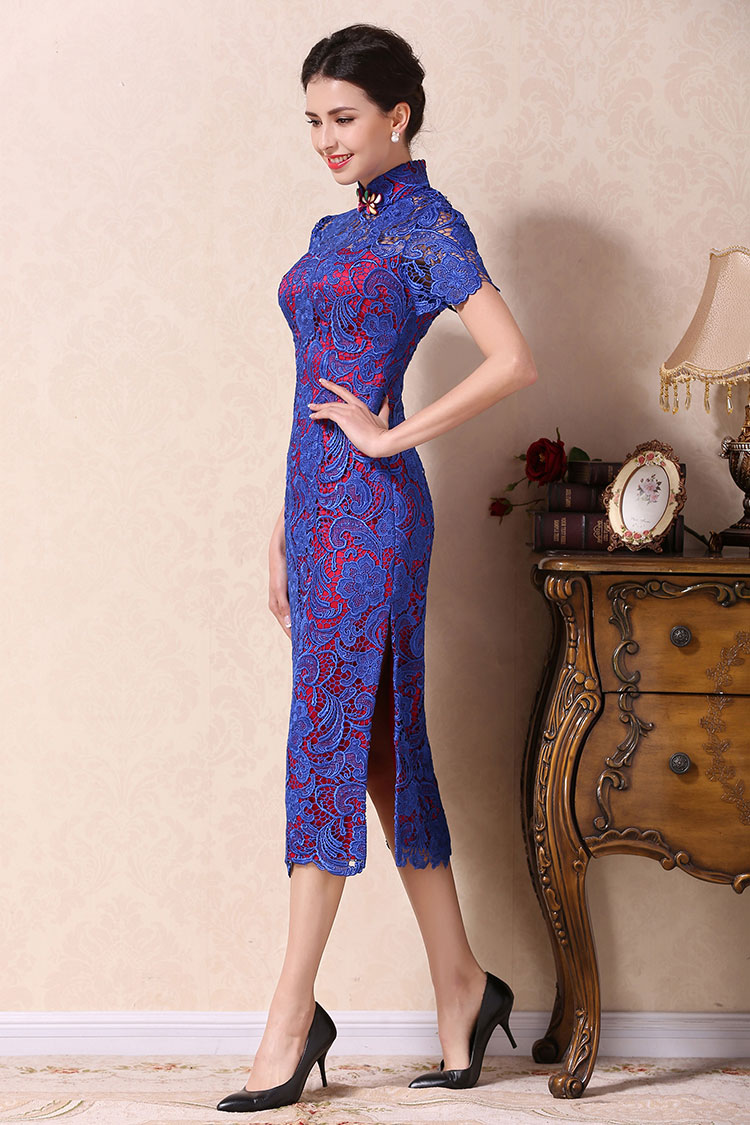 Blue lace dress with wine red lining