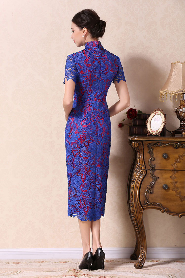 Blue lace dress with wine red lining