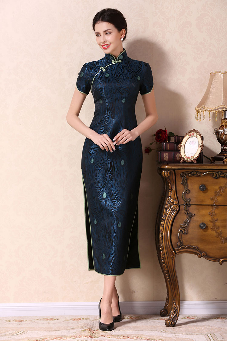 Dark blue long cheongsam dress 