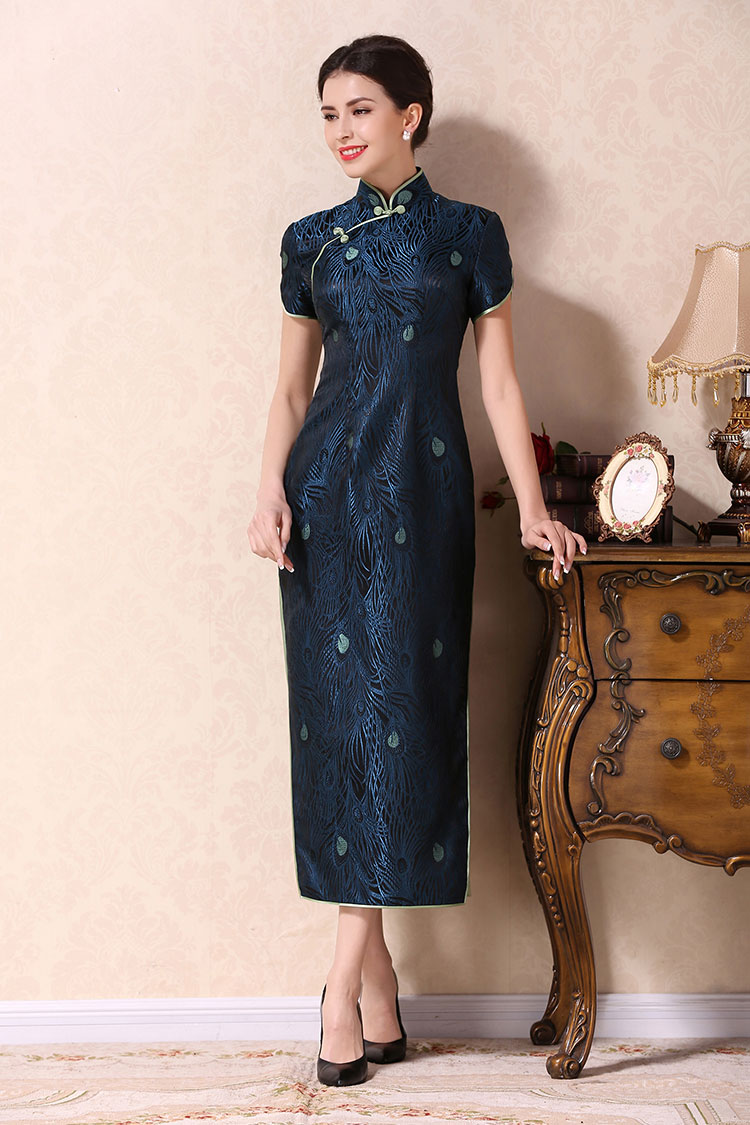 Dark blue long cheongsam dress 