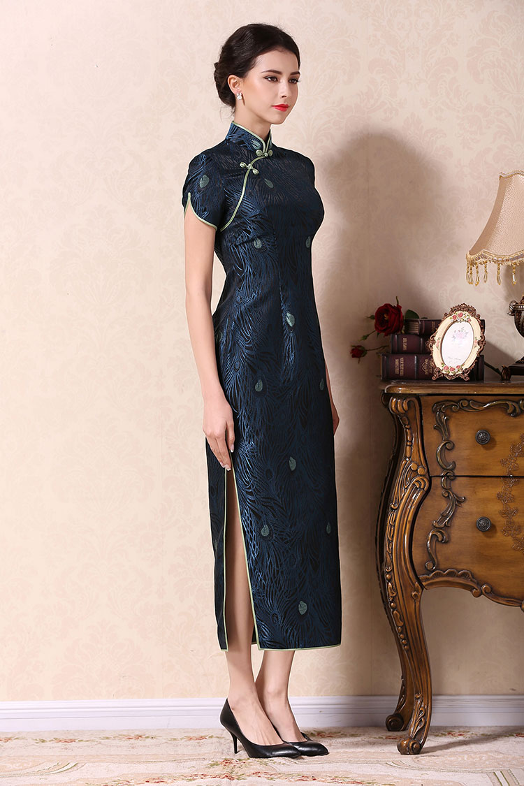 Dark blue long cheongsam dress 