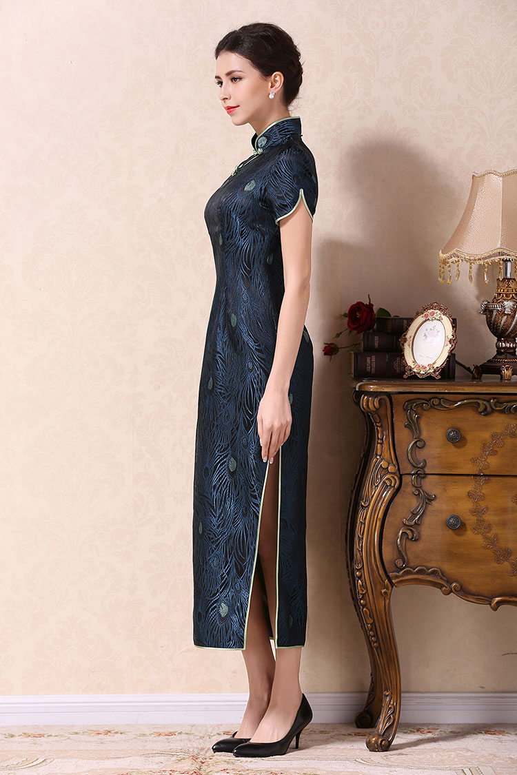 Dark blue long cheongsam dress 