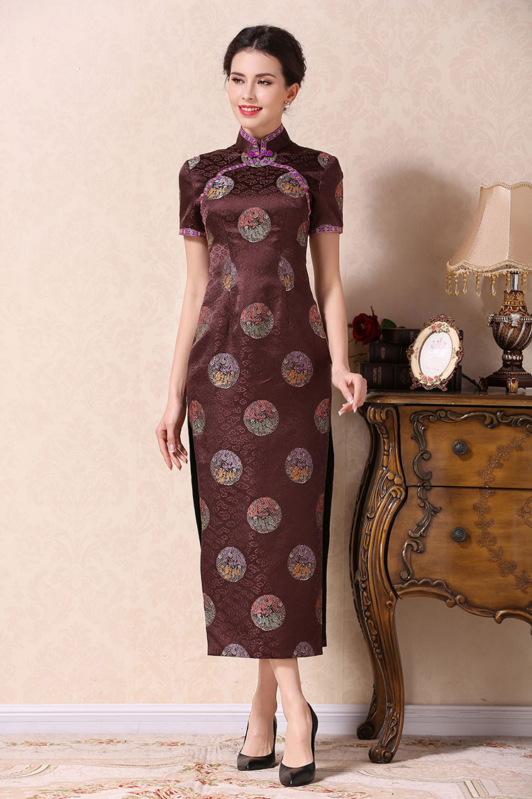 Brown cheongsam dress with dragons circle 