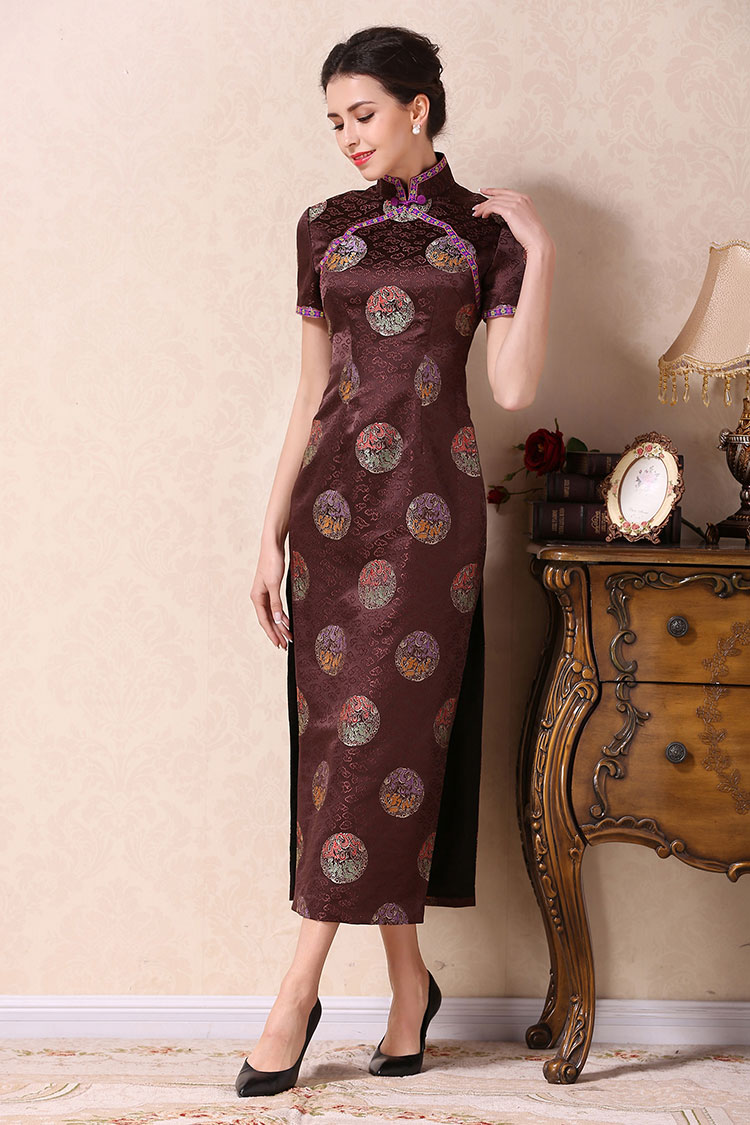 Brown cheongsam dress with dragons circle 