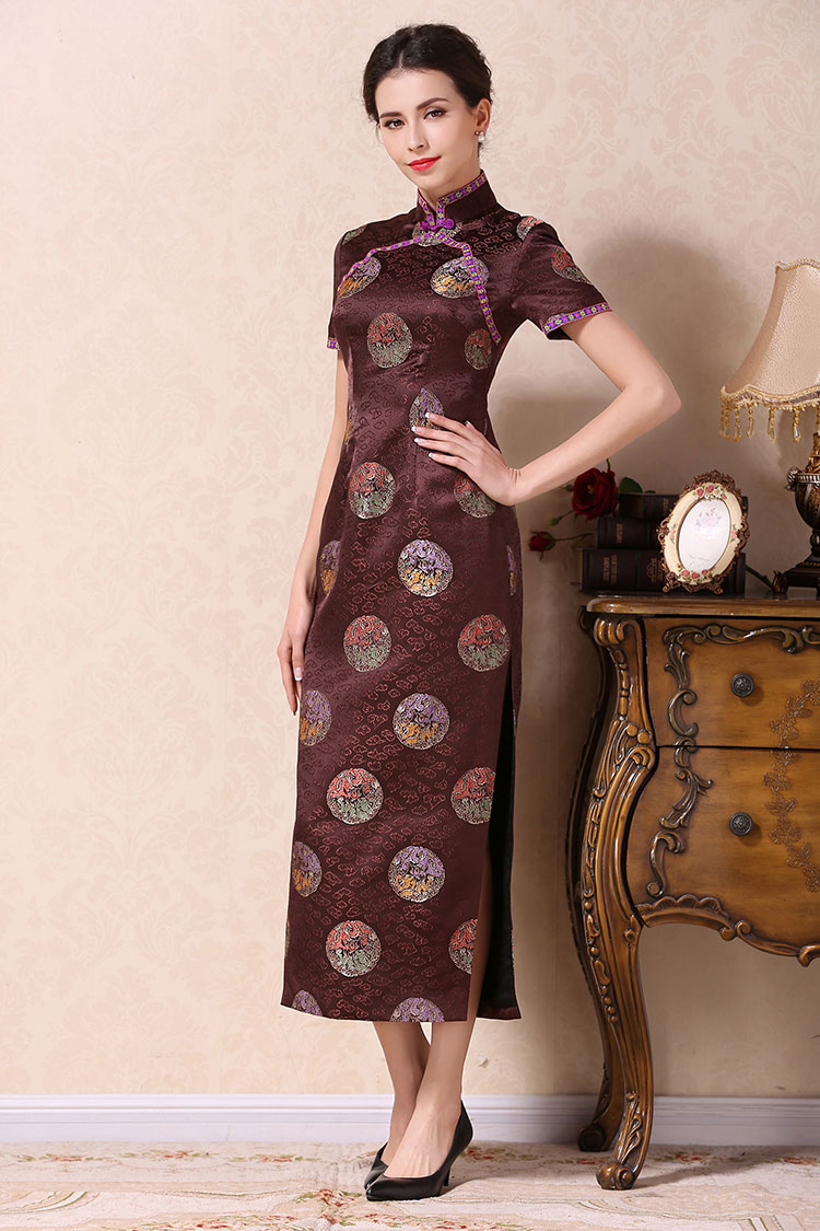 Brown cheongsam dress with dragons circle 