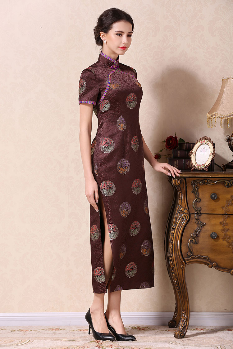 Brown cheongsam dress with dragons circle 