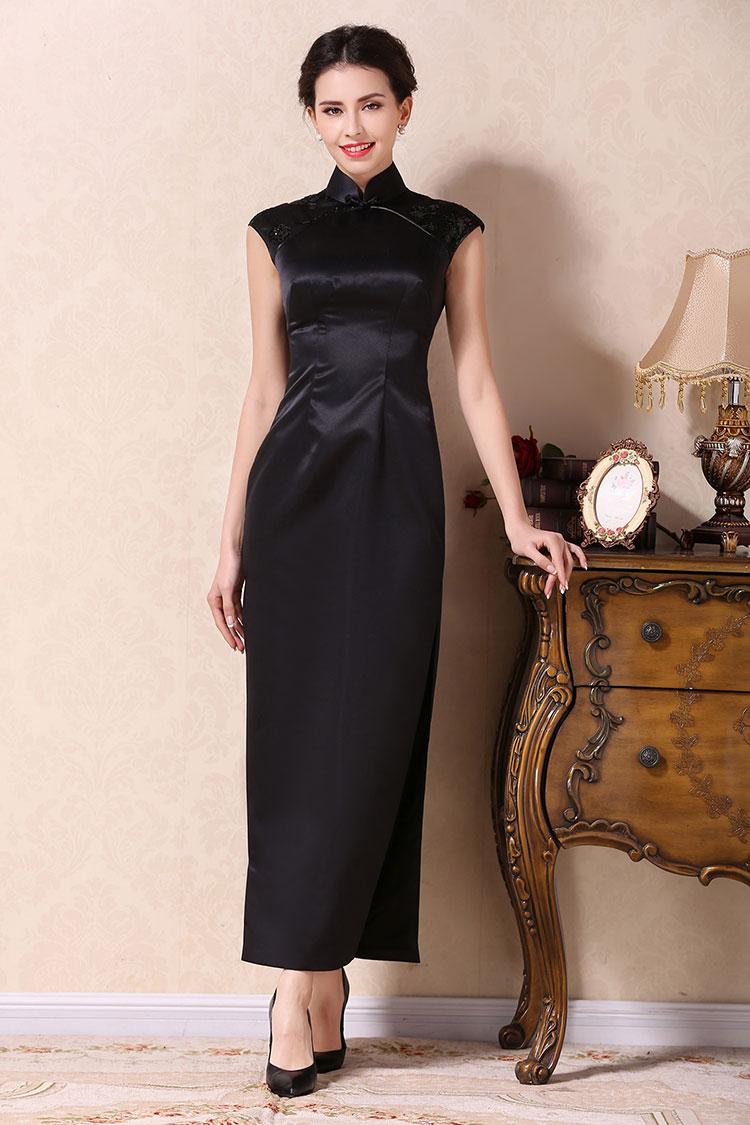 Black silk long cheongsam dress