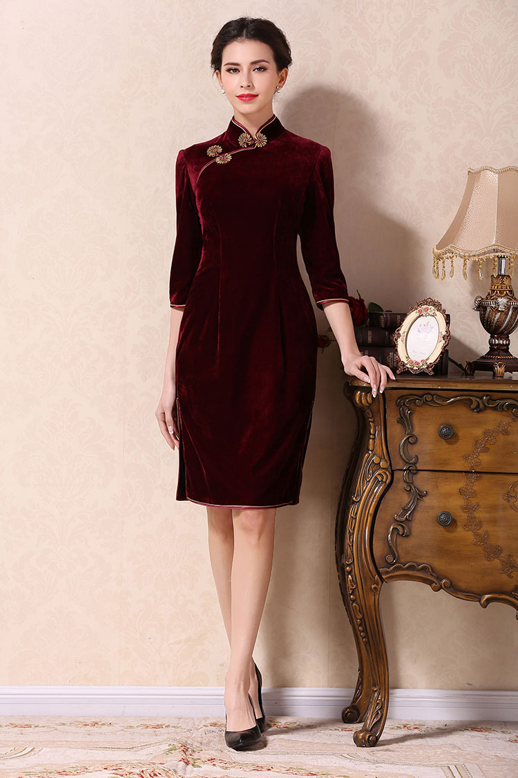 Wine red velvet short qipao dress