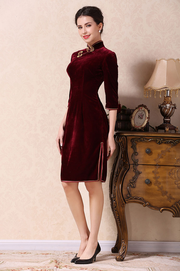 Wine red velvet short qipao dress
