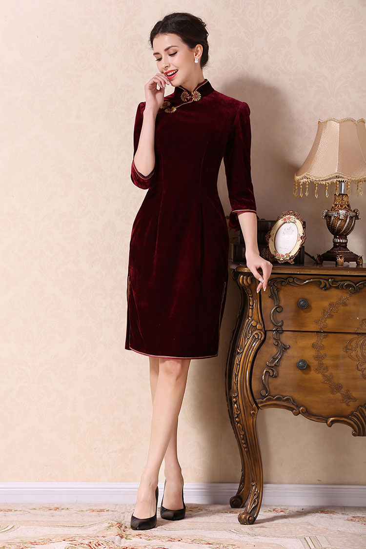 Wine red velvet short qipao dress