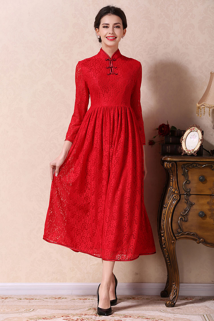 Red A-skirt qipao dress