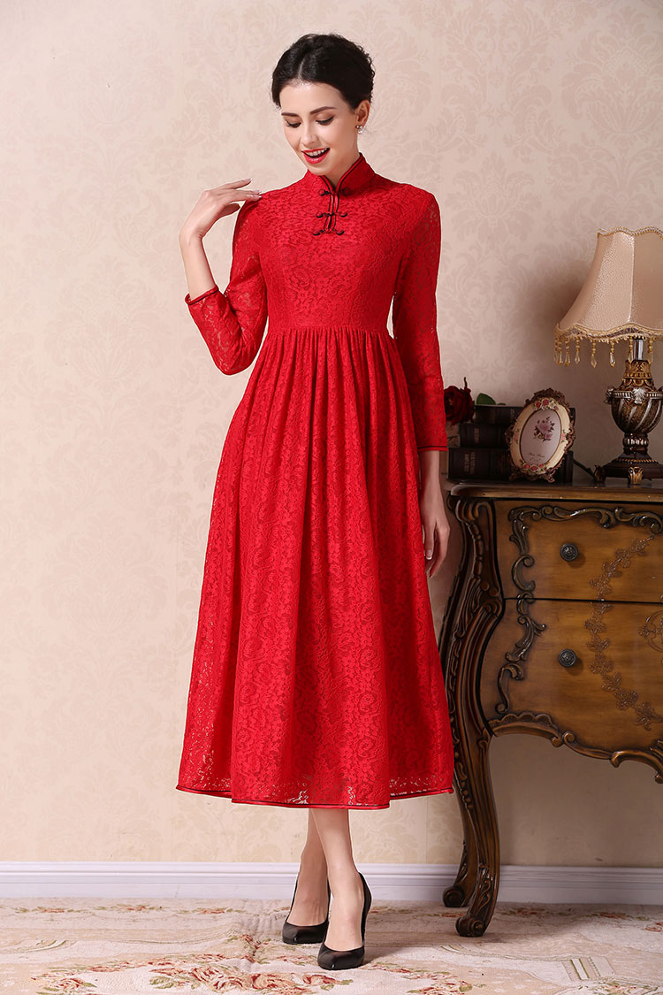 Red A-skirt qipao dress Red A-skirt qipao dress