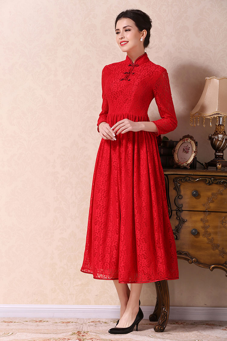 Red A-skirt qipao dress