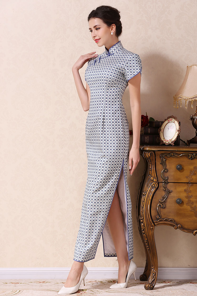 White blue lattice long cheongsam dress