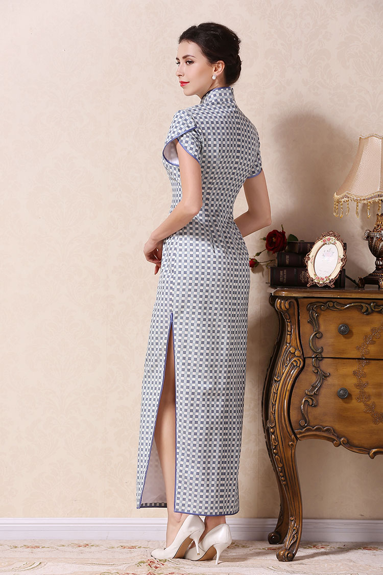 White blue lattice long cheongsam dress