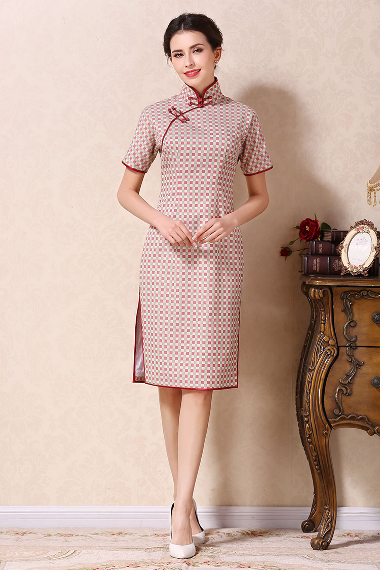White-watermelon colors lattice short qipao dress White-watermelon colors lattice short qipao dress