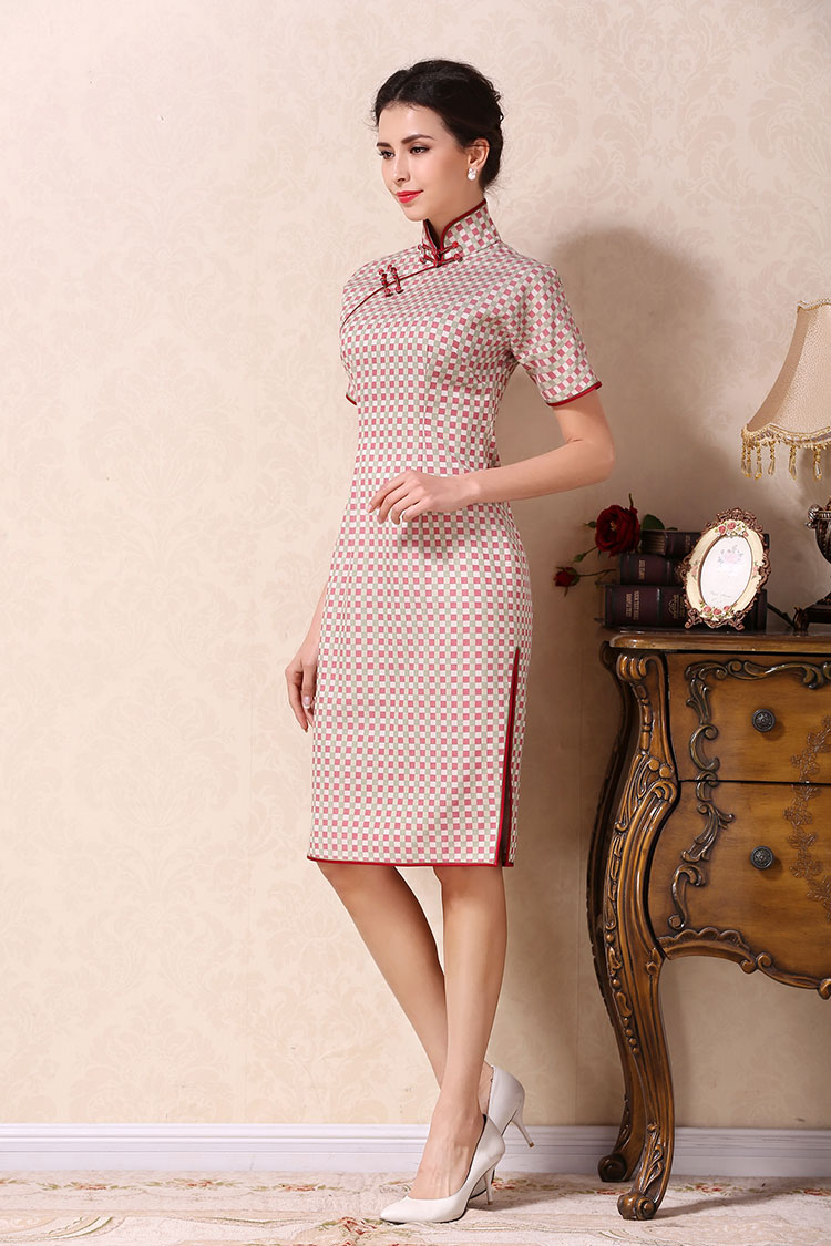 White-watermelon colors lattice short qipao dress