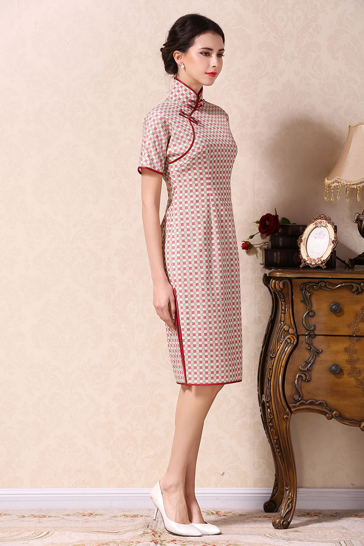 White-watermelon colors lattice short qipao dress