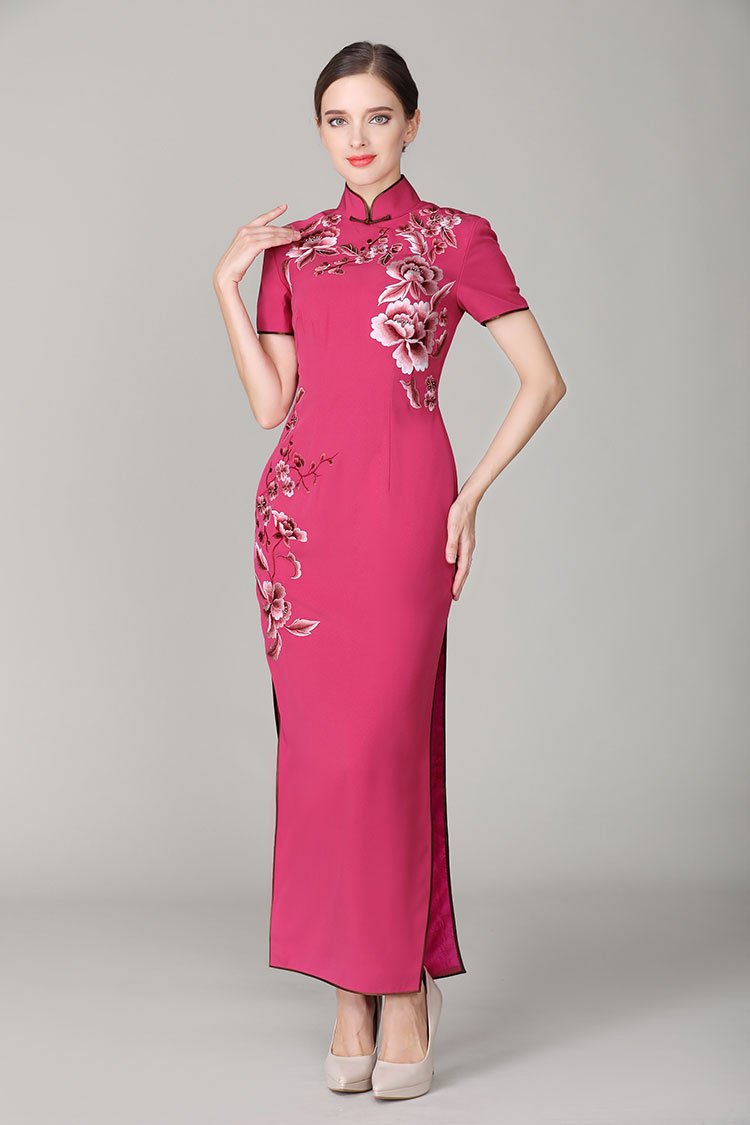 Begonia rose cheongsam dress with embroidery
