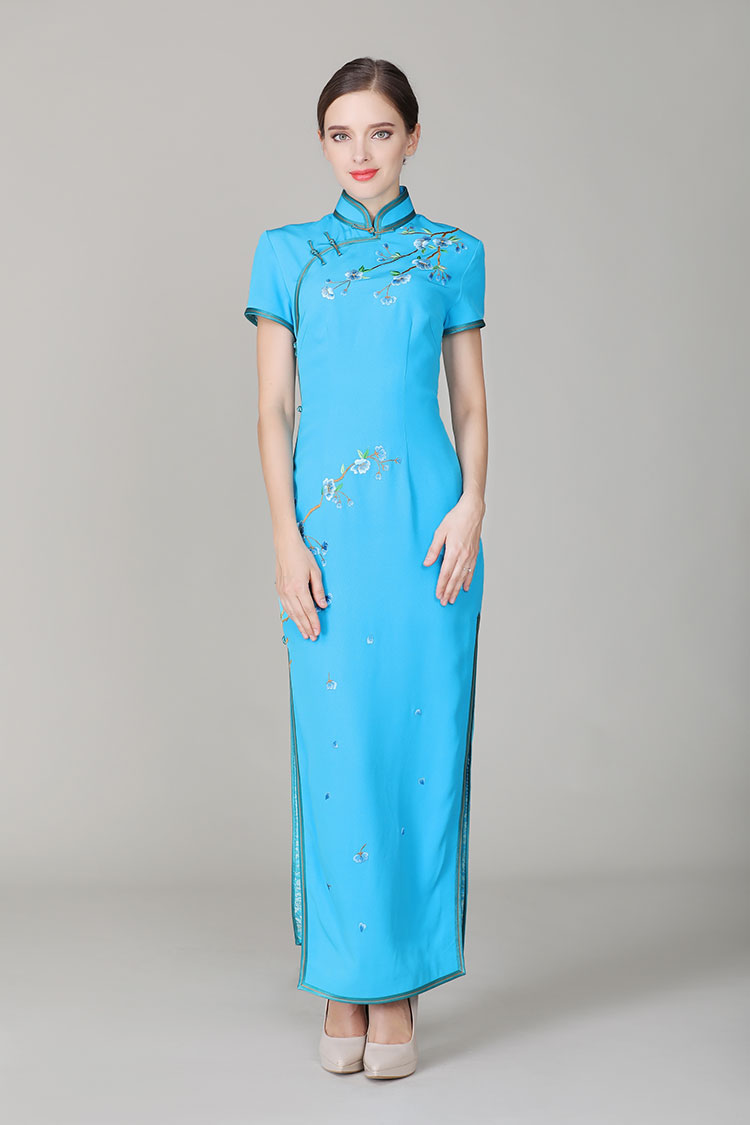 Lake-blue cheongsam dress with embroidery