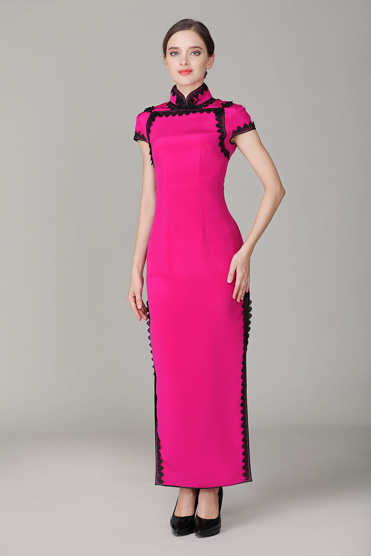 Rose red cheongsam with blacke lace edge