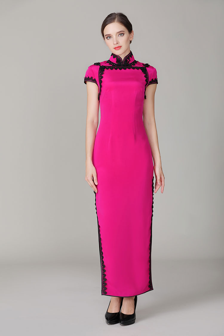 Rose red cheongsam with blacke lace edge