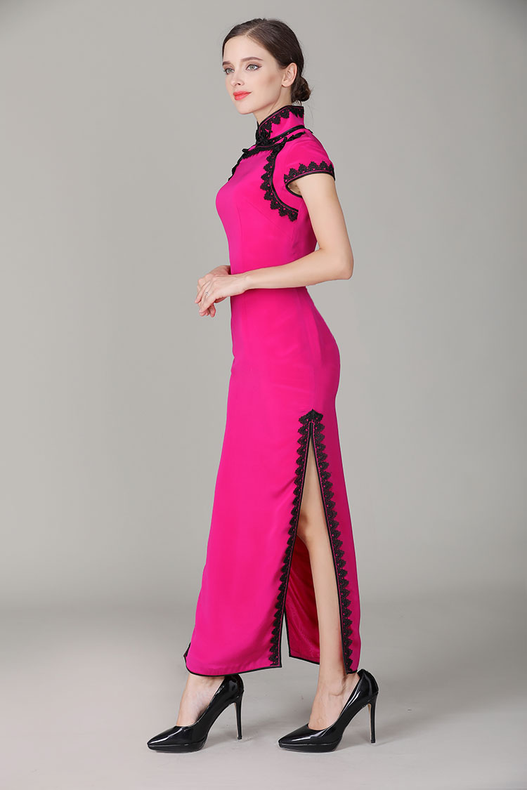 Rose red cheongsam with blacke lace edge