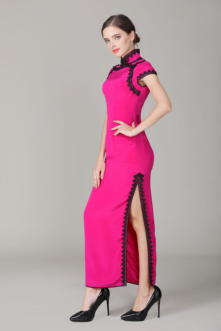 Rose red cheongsam with blacke lace edge