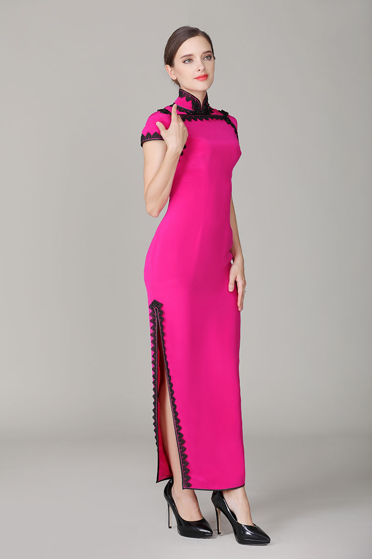 Rose red cheongsam with blacke lace edge