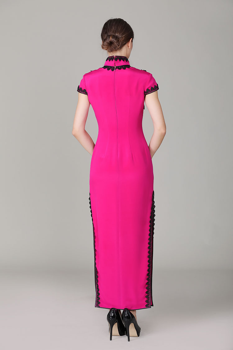 Rose red cheongsam with blacke lace edge