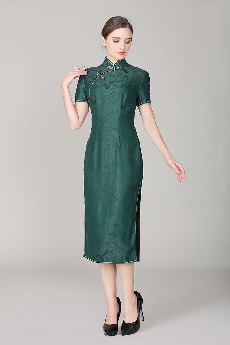 Dark green silk with Paisley patterns qipao dress