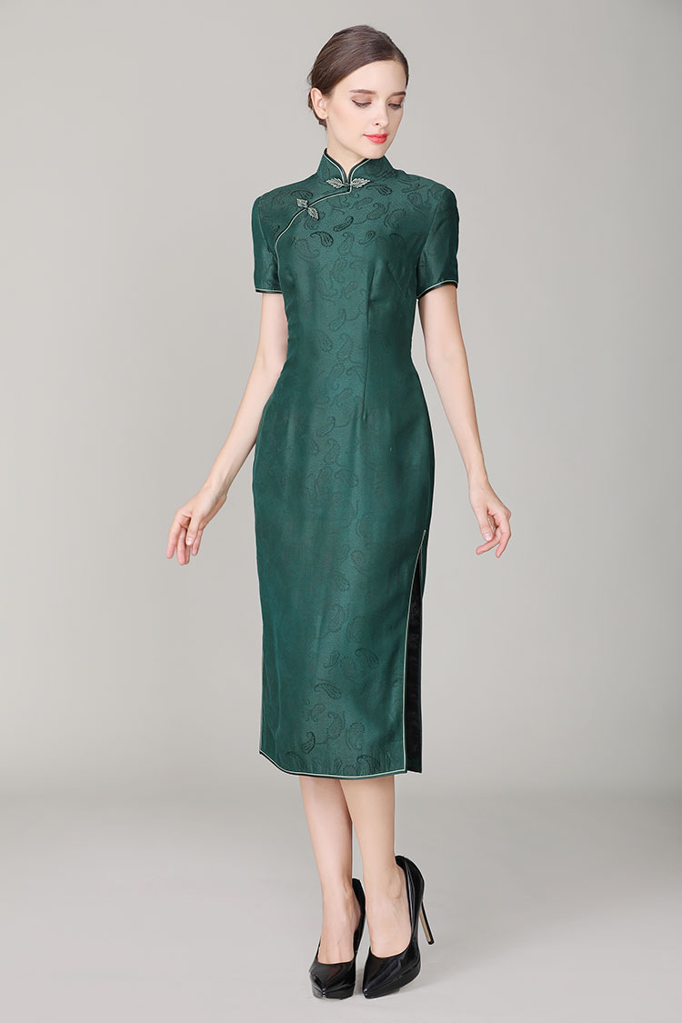 Dark green silk with Paisley patterns qipao dress