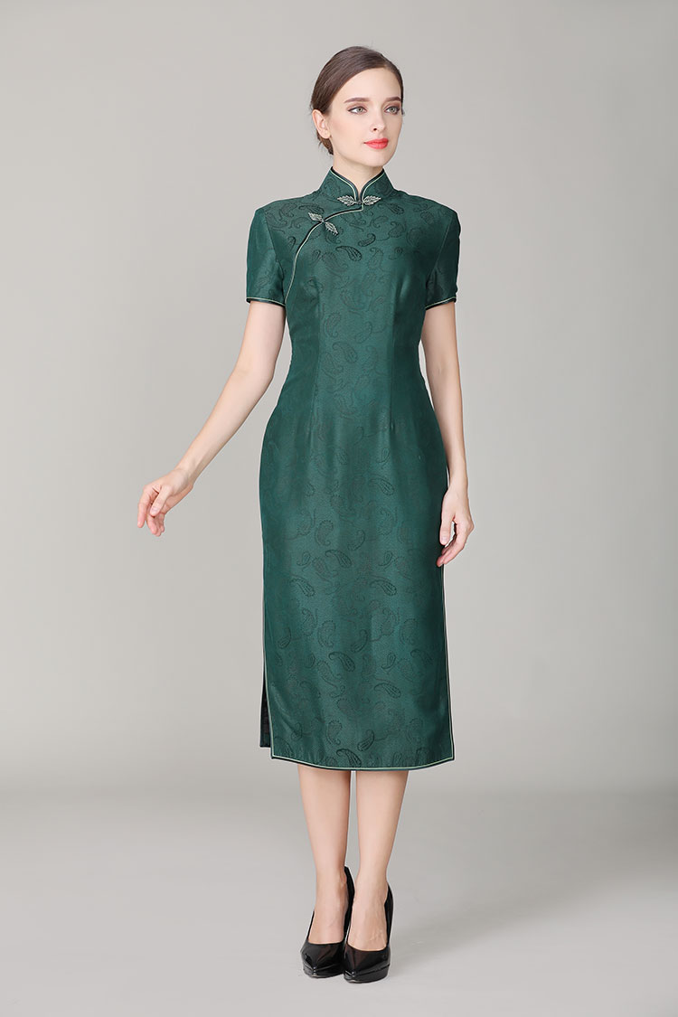 Dark green silk with Paisley patterns qipao dress