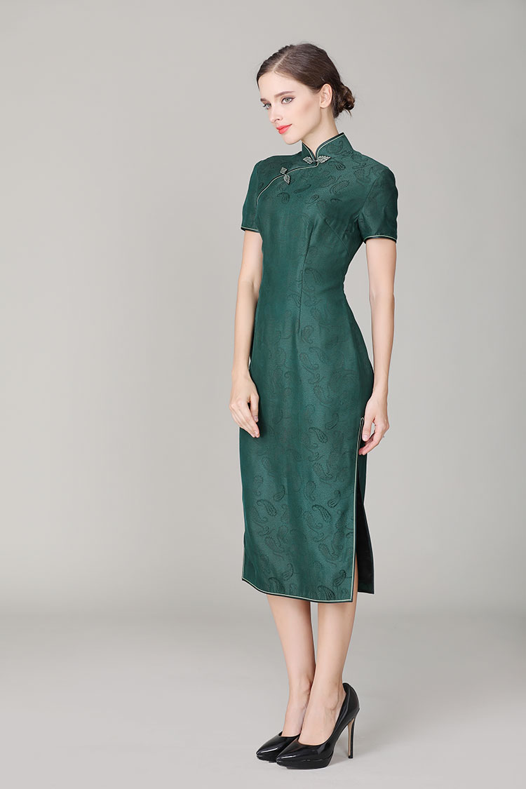 Dark green silk with Paisley patterns qipao dress