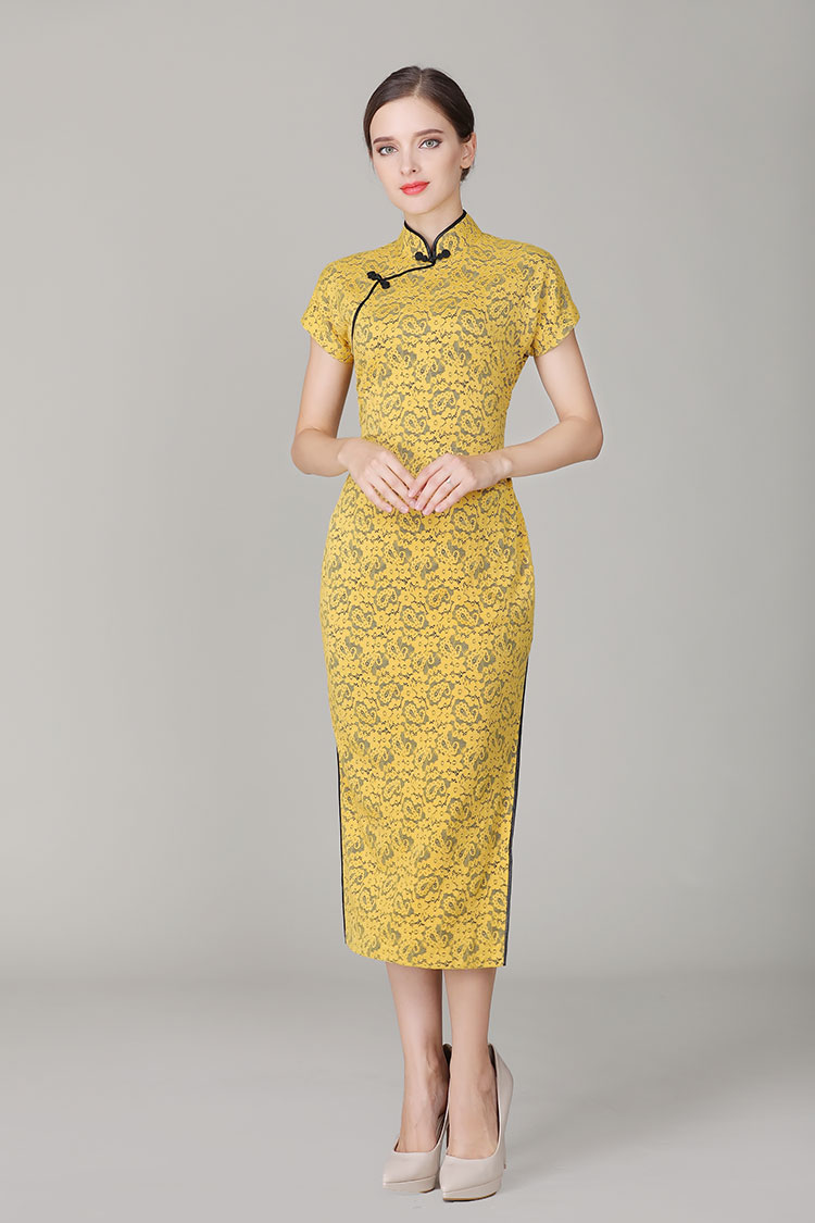 Thin yellow lace dress with black edge