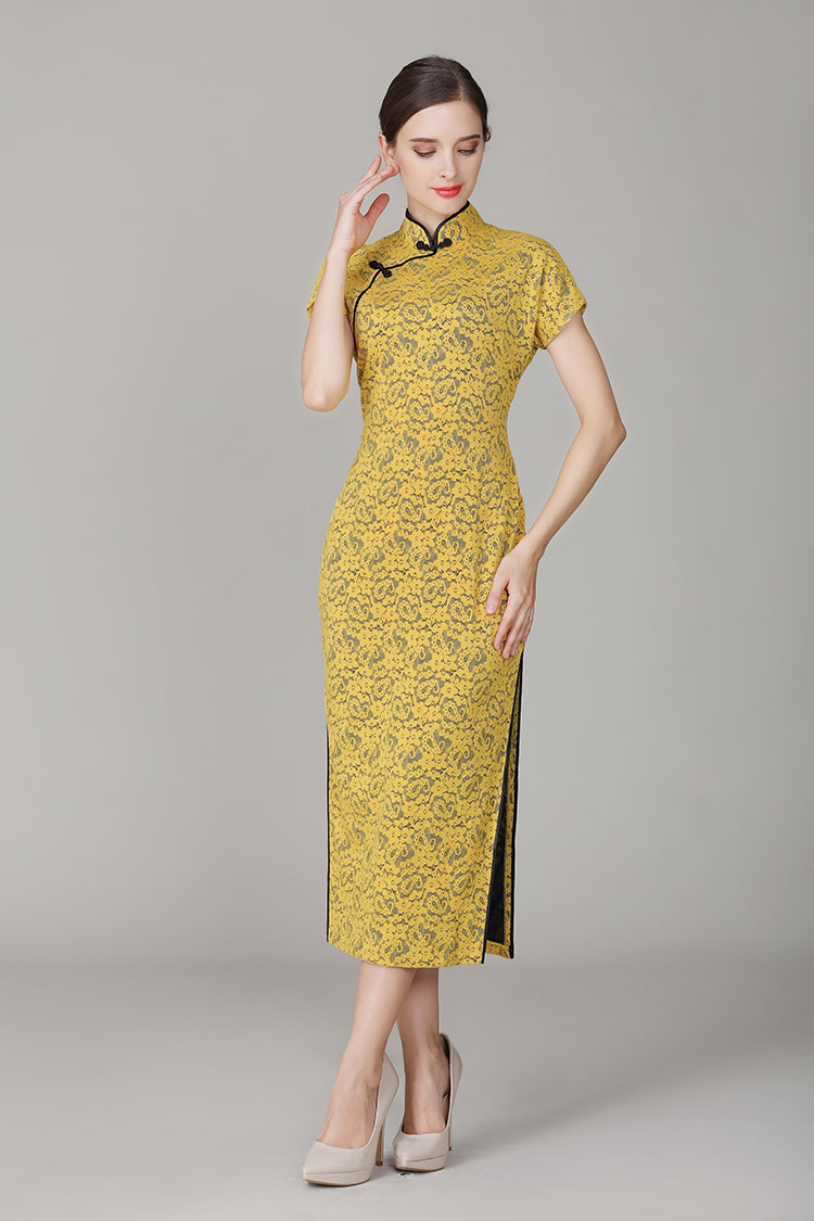 Thin yellow lace dress with black edge