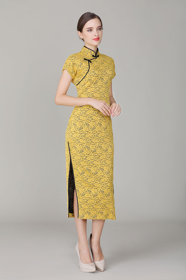 Thin yellow lace dress with black edge