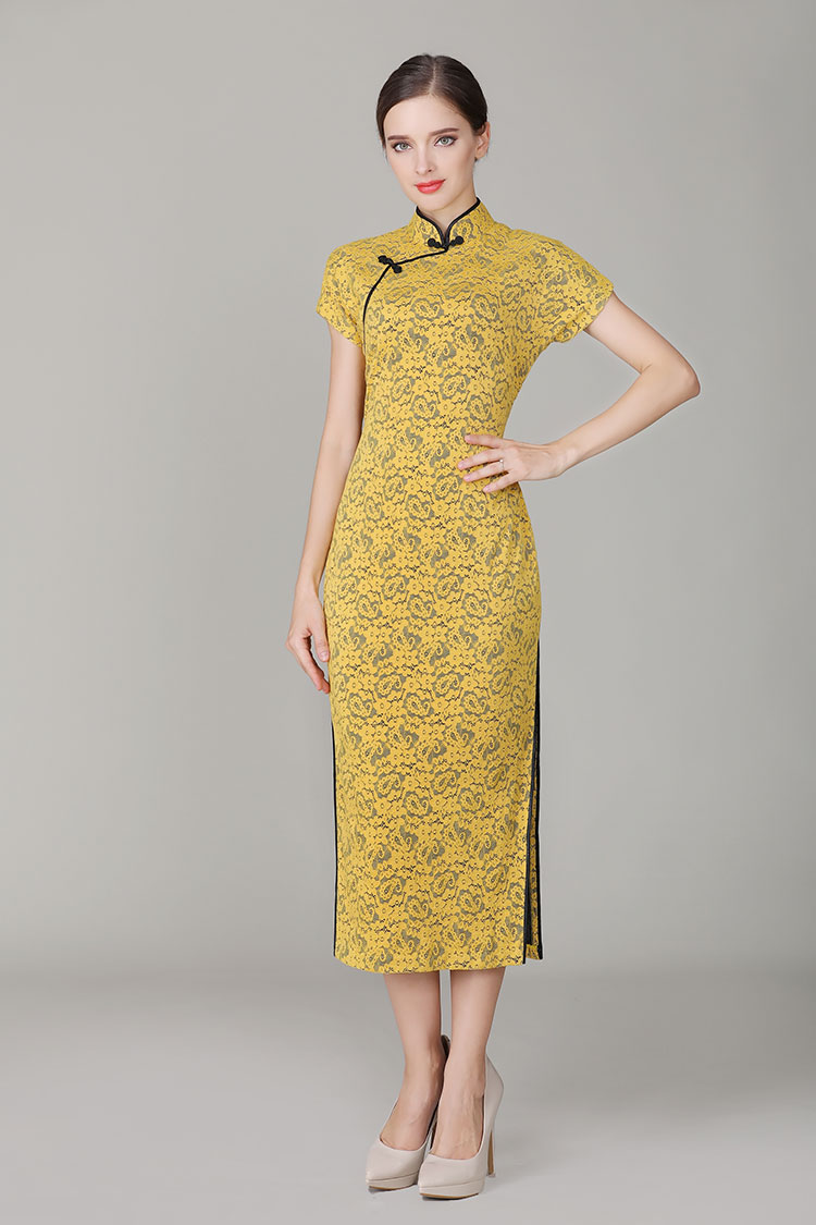 Thin yellow lace dress with black edge