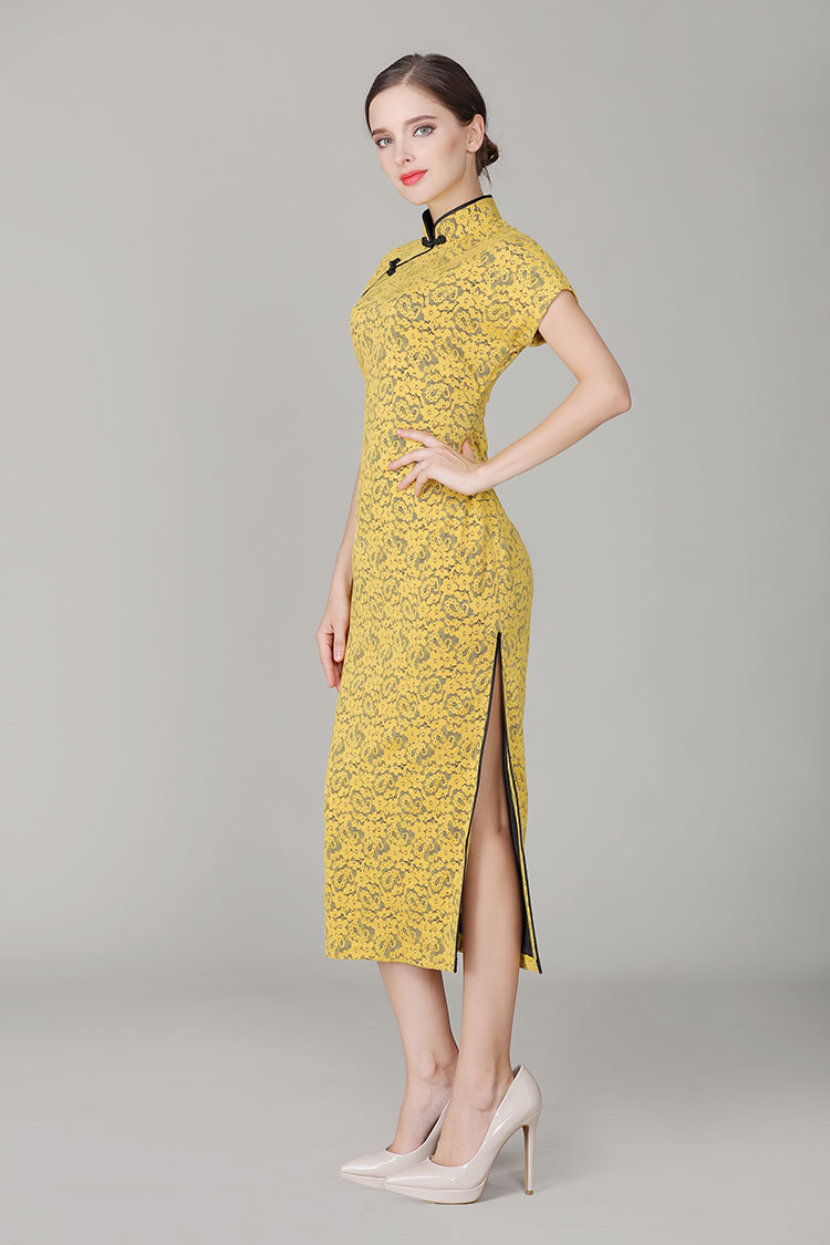 Thin yellow lace dress with black edge