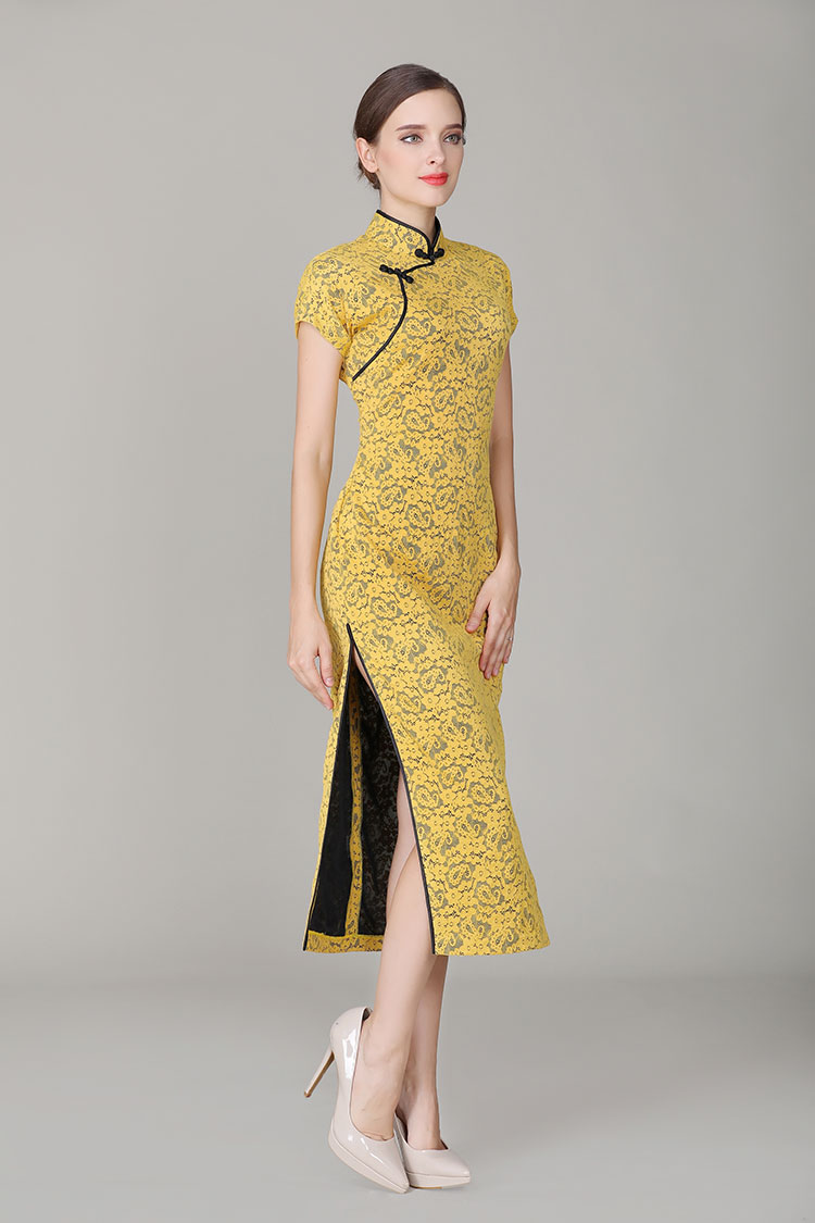 Thin yellow lace dress with black edge