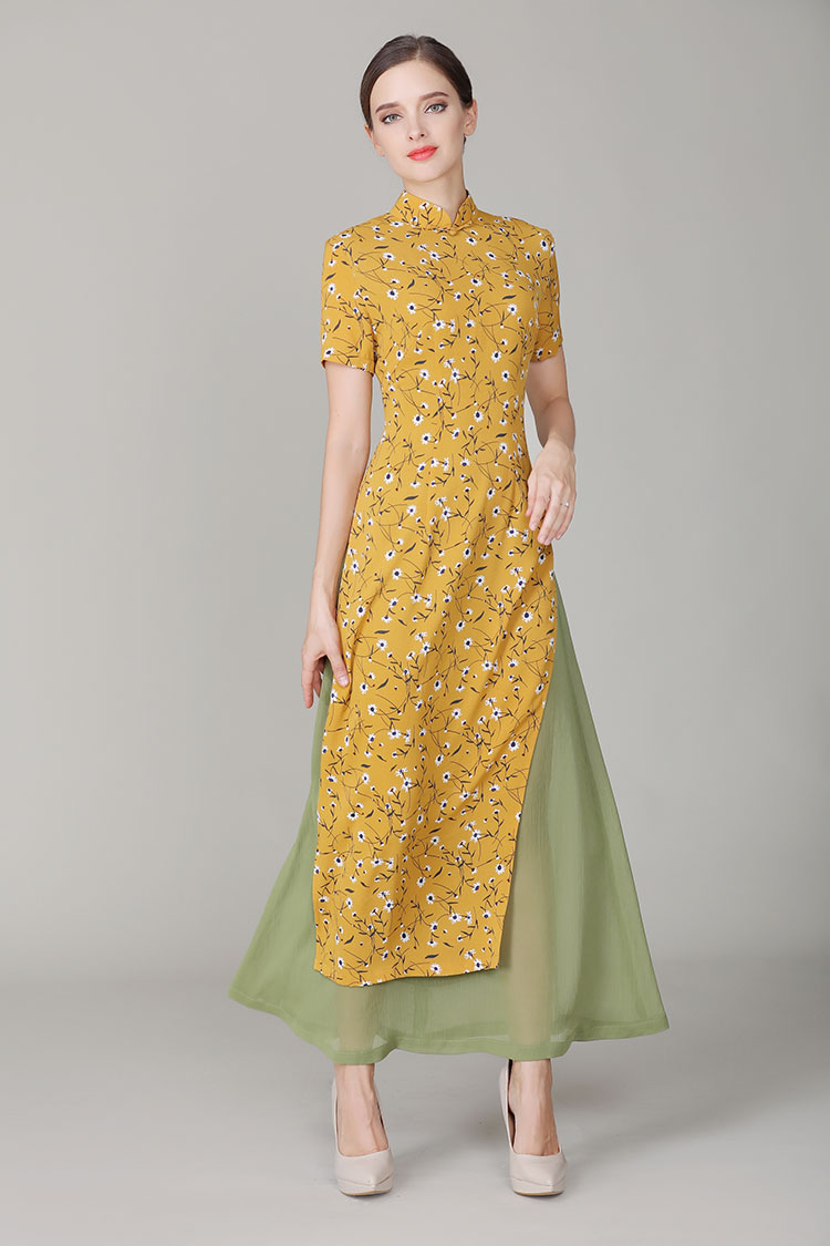 Yellow chiffon Ao dai Qipao dress