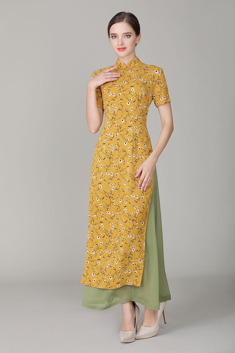 Yellow chiffon Ao dai Qipao dress
