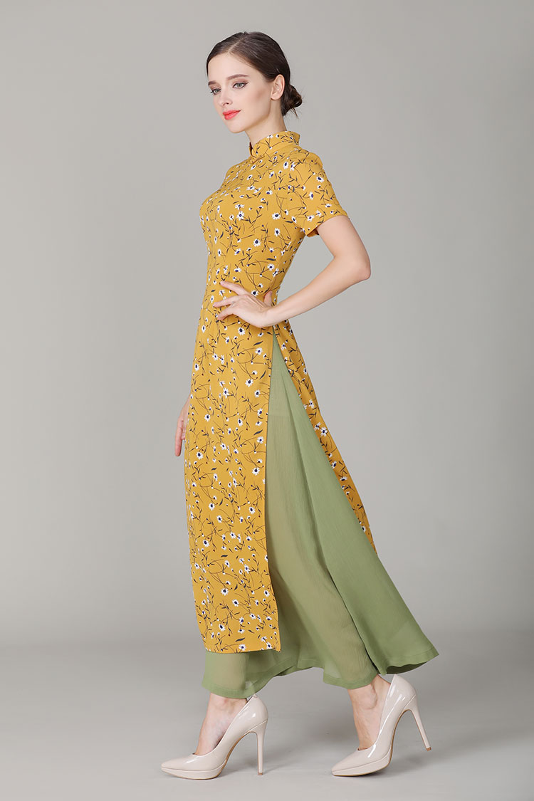 Yellow chiffon Ao dai Qipao dress