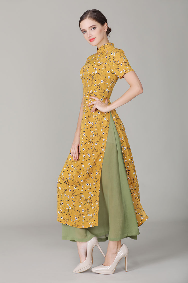 Yellow chiffon Ao dai Qipao dress