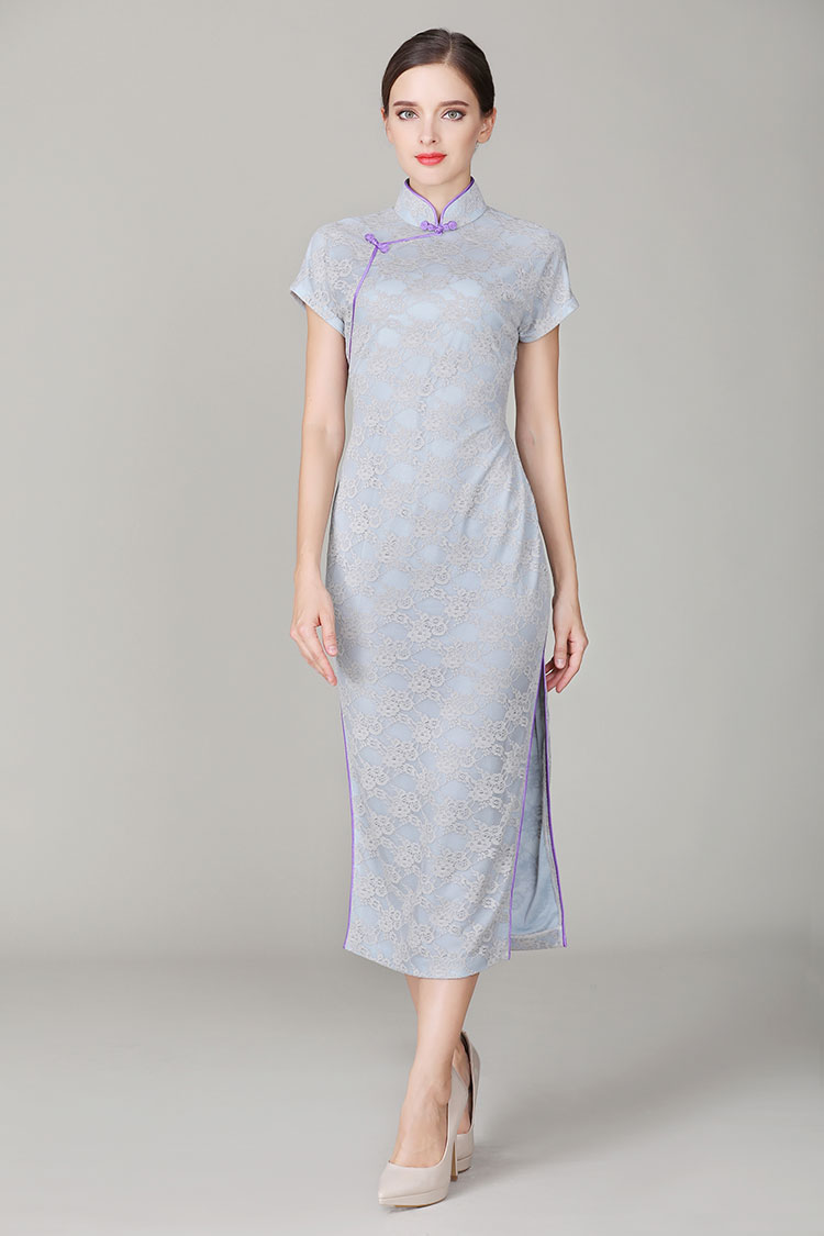 Thin grey-blue lace qipao dress 