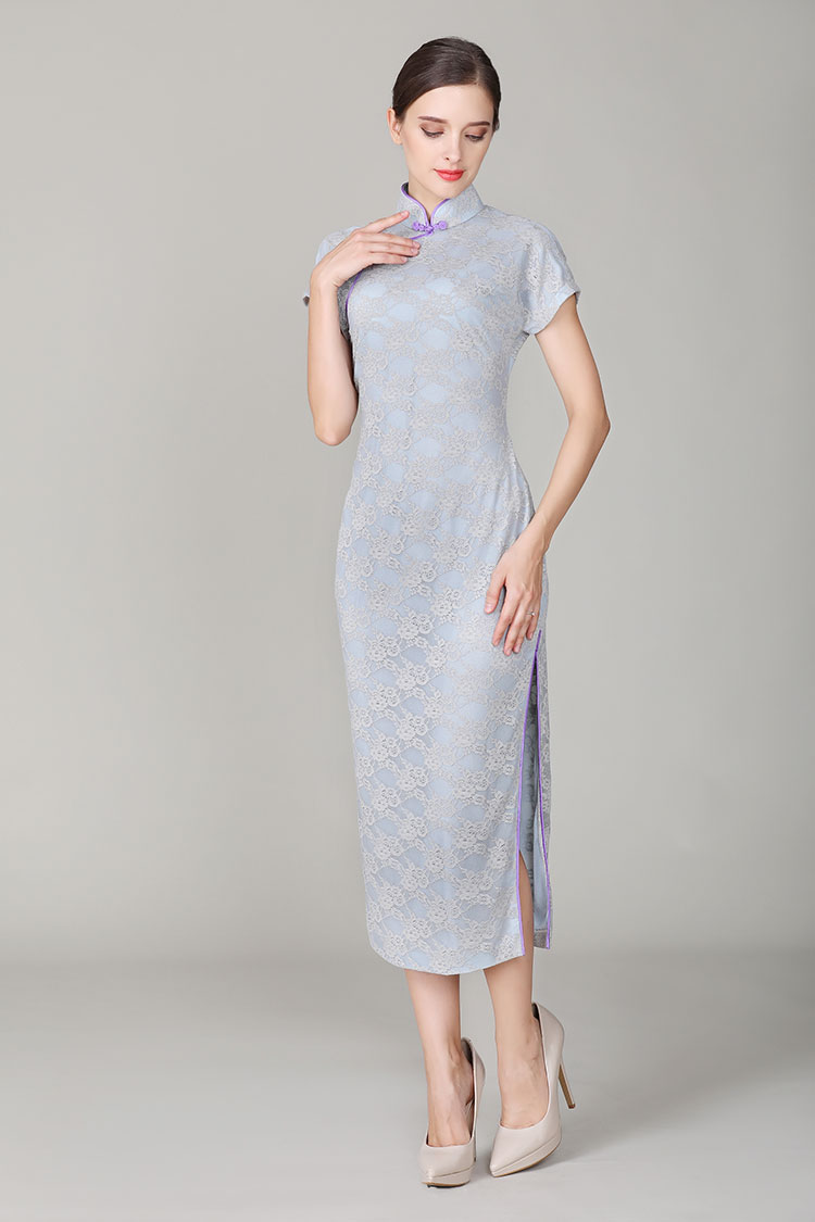 Thin grey-blue lace qipao dress 